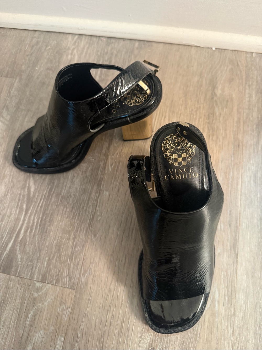 Vince Camuto Black Patent Leather Open-Toe Block Heel Mules